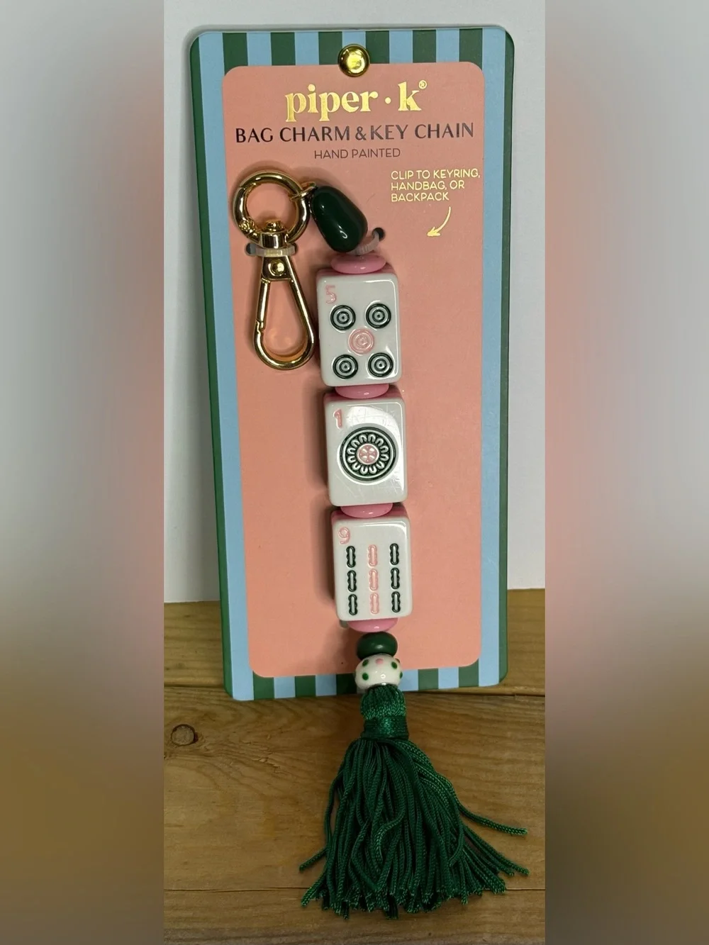 Piper K Whimsical Pink Green Mahjong Game Tile Motif Keychain Bag Charm - NWT